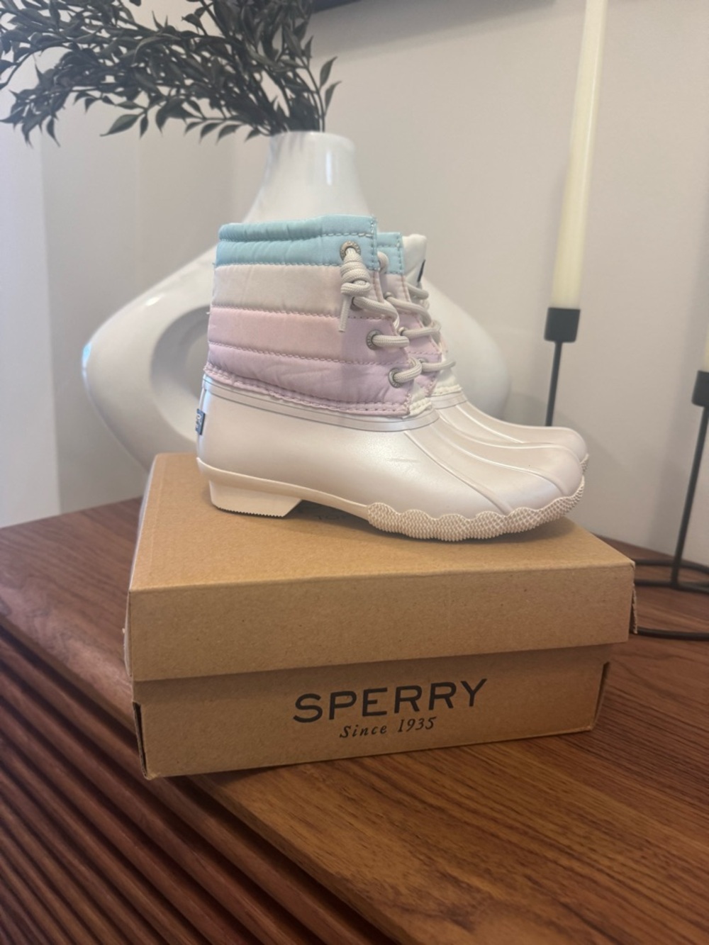 Sperry Quilted Pastel Ombre Duck Boots - White, Light Blue, Pink